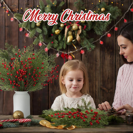 Tigeen 30 Pcs Christmas Artificial Pine Branches with Berry Stems 16 Inch Christmas Greenery Stems with Pine Cone Faux Cedar Pine Needles Picks for Xmas Tree Vase Wreath Garland DIY(Red)