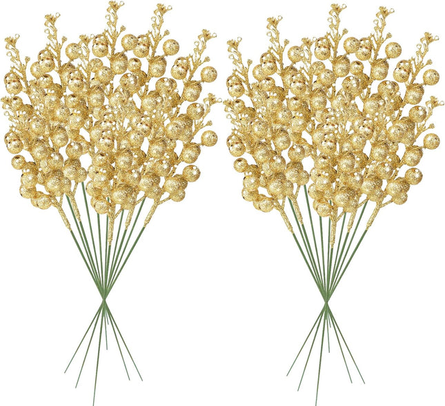 24 Pack Christmas Glitter Berries Stems, 11" Artificial Glitter Holly Berry Twig Ornaments, Glittery Picks Stems Branches for Christmas Tree Small Vase Holiday Party Decorations(Gold)