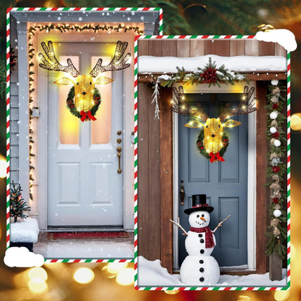 Christmas Light up Wall Decor Deer Head, 28 Inch 3D Hanging Garland, Large Lights up Reindeer Head for Door Window Christmas Holiday Indoor Outdoor Decor, Battery Operated, 8 Modes
