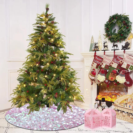 White Christmas Tree Skirt, Iridescent Large Sequin Tree Skirt 36 Inches, Xmas Tree Mats for Tree Decorations, Pink Christmas Decorations Ornaments