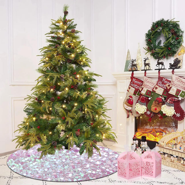 White Christmas Tree Skirt, Iridescent Large Sequin Tree Skirt 36 Inches, Xmas Tree Mats for Tree Decorations, Pink Christmas Decorations Ornaments