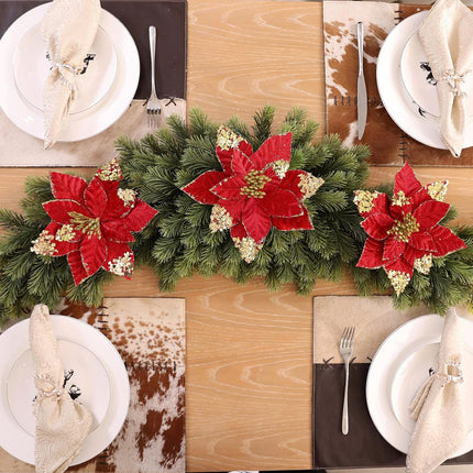 U'Artlines 12 Pcs Large Poinsettias Artificial Christmas Flowers with Clips, 9 Inch Glitter Red Poinsettia Flowers Christmas Decorations for Xmas Tree Year Holiday Wedding Party Ornaments