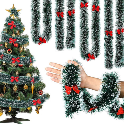 50Ft Christmas Garland, Christmas Tinsel Garland with 37 Red Bows for Indoor Outdoor and Home Decor, Christmas Metallic Twist Garland Xmas Tree Decorations for Holiday Wedding Party Supplies (Green)