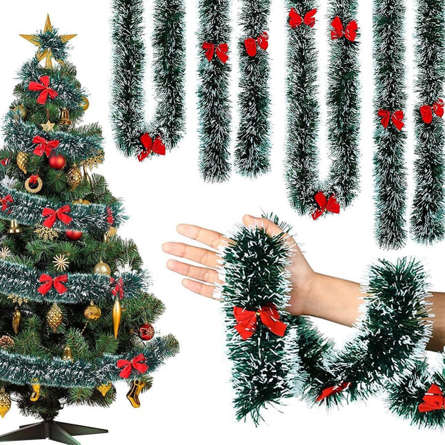 50Ft Christmas Garland, Christmas Tinsel Garland with 37 Red Bows for Indoor Outdoor and Home Decor, Christmas Metallic Twist Garland Xmas Tree Decorations for Holiday Wedding Party Supplies (Green)