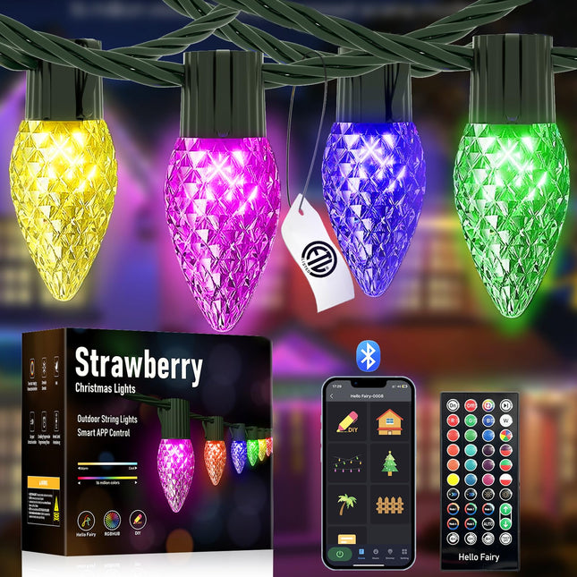 Smart Christmas Lights, C9 RGB 66FT 100LED Strawberry Lights, C9 Color Changing Christmas Tree Light with App Remote, Music Sync, Connectable, Waterproof String Lights for Indoor Outdoor Xmas Decor