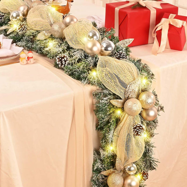 5.9 FT Christmas Garland Decorations, Luxury Christmas Garland with Lights for Mantle, Christmas Flocked Garland with Ribbons Gold Ball Pinecones, Lighted Christmas Garland Decor