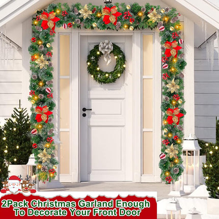 [ 2 Pack & Timer 8 Mode ] 9 Ft 100 LED Prelit Christmas Garland, Each 18 Ball 6 Poinsettia 300 Thick Snowy Tips 18 Pinecone 198 Red Berry Battery Operated Christmas Garland Decor Mantle Indoor Outdoor