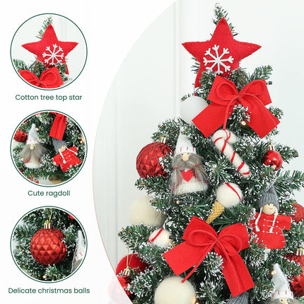 WBHome 1.8 Feet Pre-lit & Pre-Decorated Tabletop Christmas Tree, Red White Ornament Decorations with Pine Cones, Snow Flocked Mini Christmas Tree with Lights, 35 Bulbs (1.8FT)
