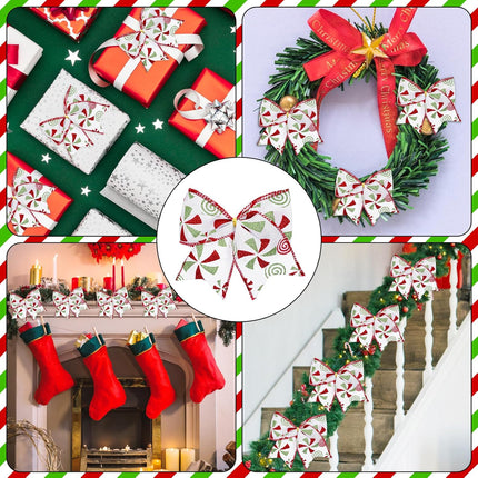 12 Pcs Red Green Christmas Bows, 5.9“ Christmas Tree Candy Wreaths Bows, Xmas Elf Tree Dot Bows Peppermint Garland Ribbon Ornaments Santa Decorations for Home Party Crafts Wrap(White)