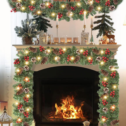 ZIFTY 9FT Christmas Garland with 50LED String Lights Battery Timer Operated Pre-lit Garland Christmas Decoration Greenery Pine Garland Xmas Mantle Garland for Fireplace Holiday Home Indoor Outdoor