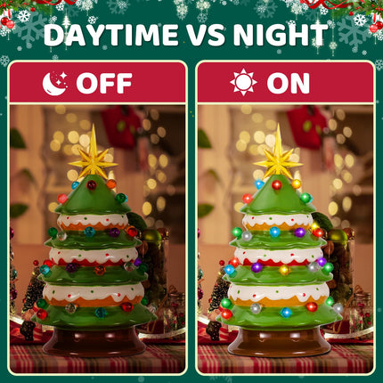 Tfro & Cile Ceramic Christmas Tree Decor 15 Inch Xmas Indoor Statue Tabletop Home Decoration Battery Powered LED Light for Party