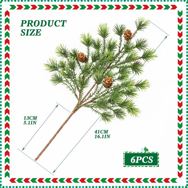 Artificial Christmas Norfolk Pine Branches Pinecone Garland Stems Tree Greenery Decor Faux Cedar Picks Home Decoration Real Touch Evergreen Realistic Plant Leaves Winter Holiday Indoor Outdoor（6PCS）