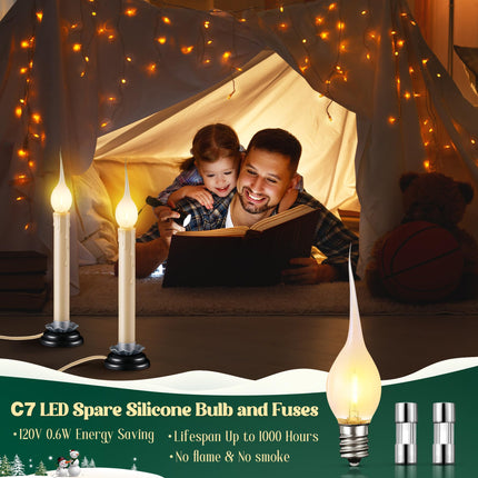 Enhon 2 Pack Rustic Country Candle Lights with Replacement Silicone Bulb, C7 0.6W Electric LED Christmas Window Candles Plug in, UL Certification Warm White Candlestick Lamp, 5 FT Cord, On/Off Switch