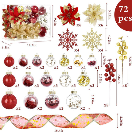 HOHY 72pcs Christmas Ornaments Set Christmas Tree Decorations Red and Gold Christmas Ornaments Ball Shatterproof Ornaments with Snowflake, Glitter Poinsettia Flowers, Glitter Berries Stems, Ribbon