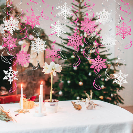 32 Pcs Pink Silver Glitter Snowflake Hanging Swirls Decoration Christmas Ceiling Decorative Streamers Snowflake Ornaments Garland Winter Holiday Wonderland Frozen Party Supplies