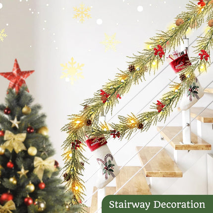 Christmas Garland with Lights, 6FT Artificial Red Berry Xmas Garland and Pinecones, Battery Operated with 20 Globe LEDs for Mantle, Front Door, Stairs Railing, Home Holiday, Indoor, Outdoor Decor