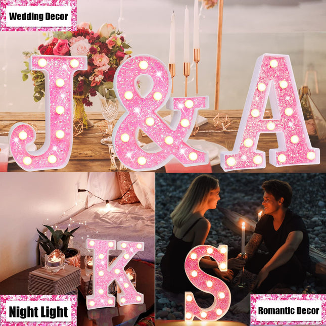 Pink Light Up Letters, Glitter Alphabet Letter Sign Pink LED Marquee Letter Lights Battery Powered for Night Light Girls Bedroom Birthday Party Wedding Home Christmas Decorations for Her-Pink B