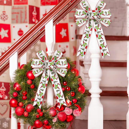 Whaline 2 Pack Christmas Wreath Bow Green Red Cartoon Character Burlap Bow Funny Design Candy Cane Xmas Tree Ornament Wreath Bow for Christmas Indoor Outdoor Festive Home Decoration, 11 x 16.5inch