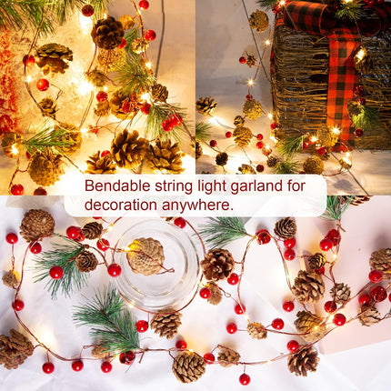 2 Pack Artificial Christmas Garland with Lights - Battery Operated 6.56FT Prelit Garland with 20 LED lights, Red Berries, Pine Cones, Pine Needles Decor for Xmas Tree Thanksgiving Home Fireplace Party