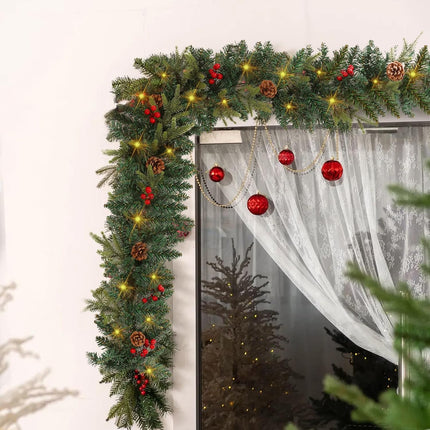 9 FT Christmas Garland with Lights，Battery Operated Lighted Garland with Pine Cones Red Berries Lush Branches，50 Warm White LED Lights，Christmas Decorations Indoor/Outdoor