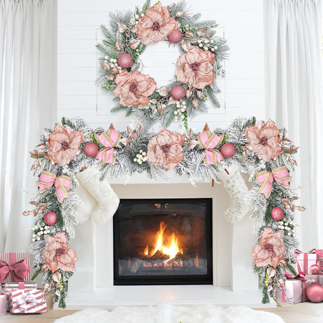 Christmas Garland with Lights,6 FT Prelit Christmas Garland with Pink Flowers,Pink Balls and Berries Xmas Garland for Front Door Fireplace Porch Table Centerpiece Outdoor Decor,Indoor&Outdoor Use