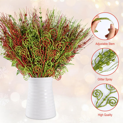 48 Pack Glitter Christmas Tree Picks 17'' Red Green Artificial Christmas Picks for Tree Curly Christmas Tree Filler Decorations DIY Crafts Holiday Home Decor