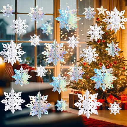 Christmas Snowflake Decorations Indoor, 24PCS 3D Paper Snowflakes Hanging Ornaments White Snowflake Garlands for Xmas Christmas Winter Wonderland Holiday Year Party Home Decorations