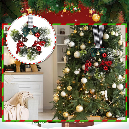 Zeyune 12 Pcs Christmas Kitchen Cabinet Wreaths with Plaid Bow Ribbon Hanging Cabinet Doors Wreaths Decorative for Kitchen Window Outdoor Indoor Holiday Decor, 14.96 x 7.87'' (Simple Style)