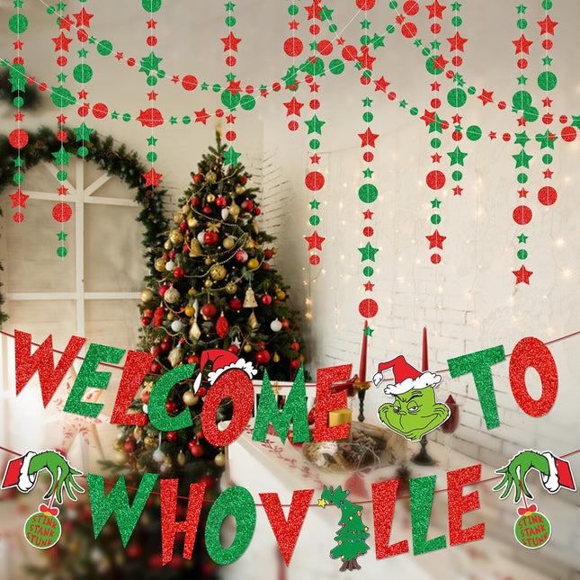 Welcome To Whoville Banner Grinch Whoville Decorations Red Green Glitter Sing Whoville Christmas Decorations Banner Christmas Decorations for Party Decorations Christmas Decor Banner for Home