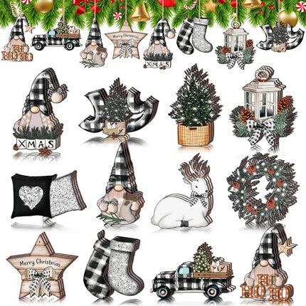 36 Pcs Christmas Wooden Ornaments Christmas Decorations for Tree White and Black Buffalo Plaid Ornaments Gnome Elk Truck Wreath Wood Cutout Winter Christmas Decor for Xmas Tree Home Party