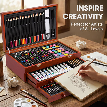TMOL Art Supplies, 175-Pack Deluxe Art Set Drawing Painting Kit with 2 Drawing Pads, Acrylic Paints, Colored Pencils, Crayons, Art Kit in Wooden Case, Gift for Artist, Adults, Teens and Kids - Cherry