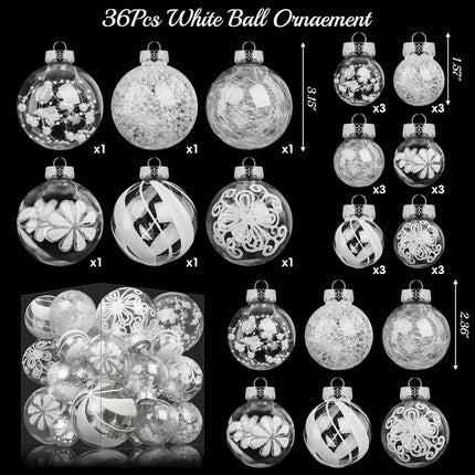 36PCS White Christmas Ball Ornaments Clear Large Shatterproof Plastic Christmas Ornaments Hanging Christmas Tree Decorations Glitter Set for Xmas Party Home Holiday Decor in 6 Styles
