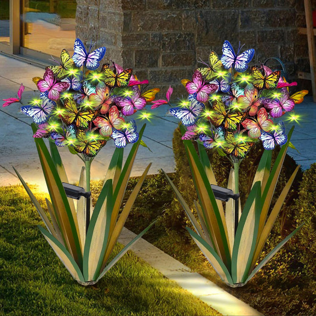 Solar Metal Agave Butterfly Flower Stick Garden Sculpture Outdoor Solar Garden Christmas Lights Swaying Butterfly Garden Lights Solar Outdoor (2 PCS Light Green)