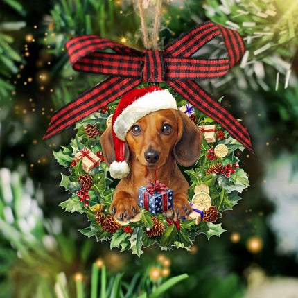 Talataca Dachshund Wearing A Hat Wreath Doxie Dog Lover 2D Flat Christmas Tree Wood Ornament Decor Wooden Hanging Decoration House Present Xmas Eve Keepsake Decorative