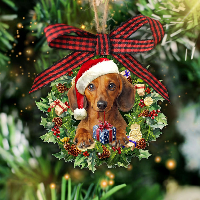 Talataca Dachshund Wearing A Hat Wreath Doxie Dog Lover 2D Flat Christmas Tree Wood Ornament Decor Wooden Hanging Decoration House Present Xmas Eve Keepsake Decorative