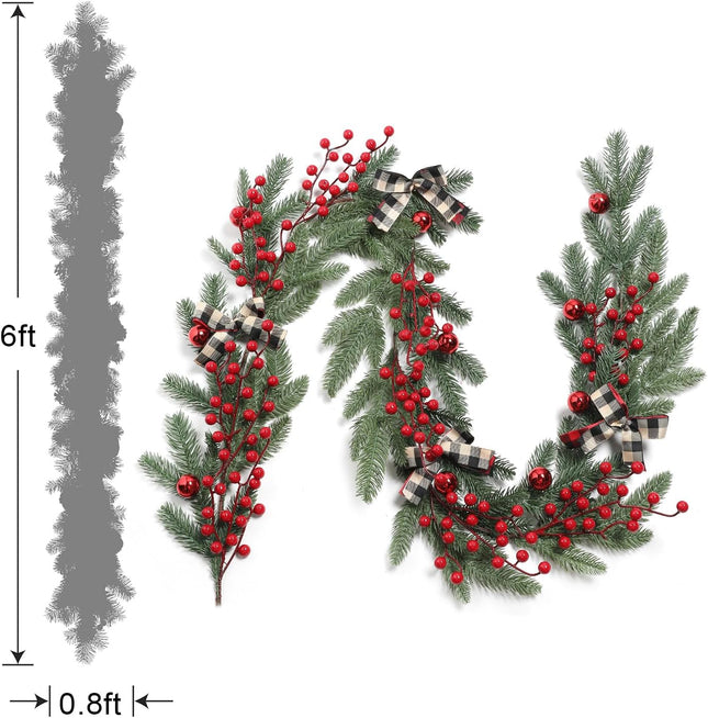 YYHUAWU 6FT Christmas Garland with Red Berries Bows Christmas Balls, Multi-Function Christmas Pine Needles Garland for Mantle Table Front Door Indoor Outdoor Christmas Holiday Decor