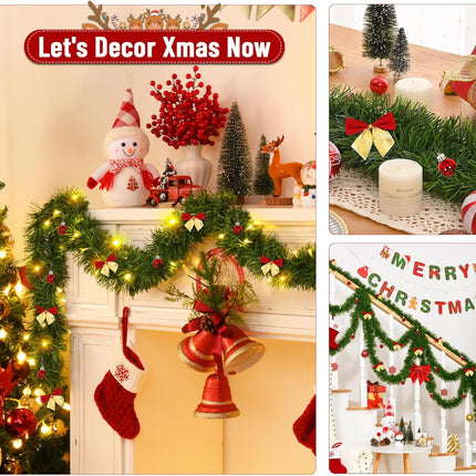 Christmas Garland Decorations-14.7 FT Christmas Green Garland with Lights, Fluffy Soft Greenery Lighted Christmas Garland for Mantle, Christmas Tree Garland Decor with Christmas Bows Balls