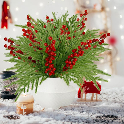 10 Pcs Christmas Norfolk Pine Branches with Red Berry Stems,19 Inch Norfolk Pine Artificial Christmas Branches, Artificial Xmas Branches Plants Pine Leaves for DIY Garland Wreath Home Decoration
