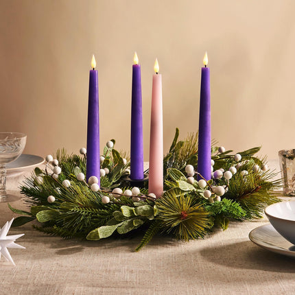 LampLust Advent Wreath Candle Holder, 14 Inch Advent Candle Wreath, Pine Candle Ring with White Berries and Black Candle Holders, Traditional Catholic Advent Wreath Christmas Decoration Set
