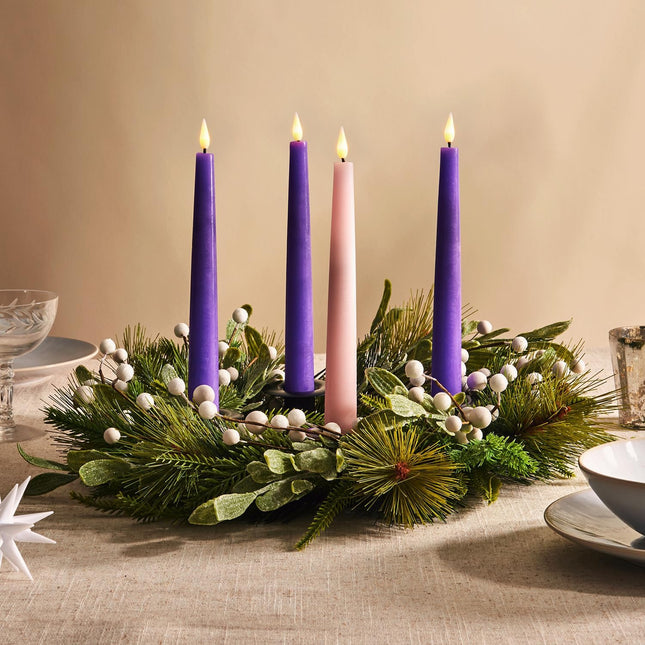 LampLust Advent Wreath Candle Holder, 14 Inch Advent Candle Wreath, Pine Candle Ring with White Berries and Black Candle Holders, Traditional Catholic Advent Wreath Christmas Decoration Set