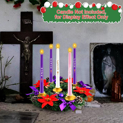 12 Inch Christmas Advent Wreath 5 Candle Holder with Metal Candle Cups for Taper Candles Fire Retardant Centerpiece Decorations for Table Indoor Home Church(No Candles)