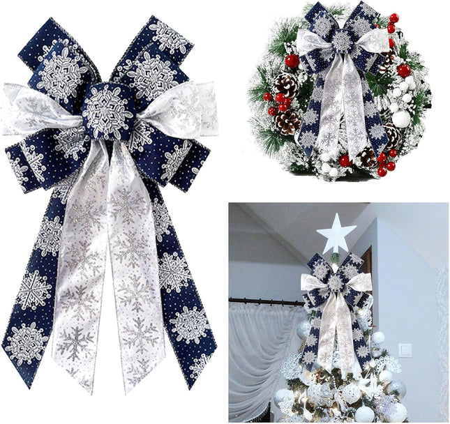 Large Christmas Bows for Wreath, Christmas Navy Blue Snowflake Ribbon Bows for Wreaths, Large Tree Topper Bows for Christmas Home Garden Indoor Outdoor Decoration Wreath Ornament Supplies