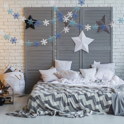 3 Pieces Snowflake Glittery String Garland White Blue and Light Blue Snowflake Banner Snowflake Hang Decoration for Christmas Holiday Party, Winter Carnival, Ice-and-Snow Themed Gatherings