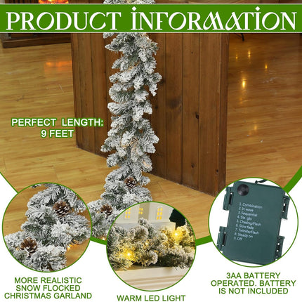 Riceshoot 9 ft Prelit Christmas Garland with Light Timer Artificial Snowy Pine Garland Winter Frosted Faux Pine Garland for Xmas Home Indoor Outdoor Mantel Staircase Seasonal Garland Decor