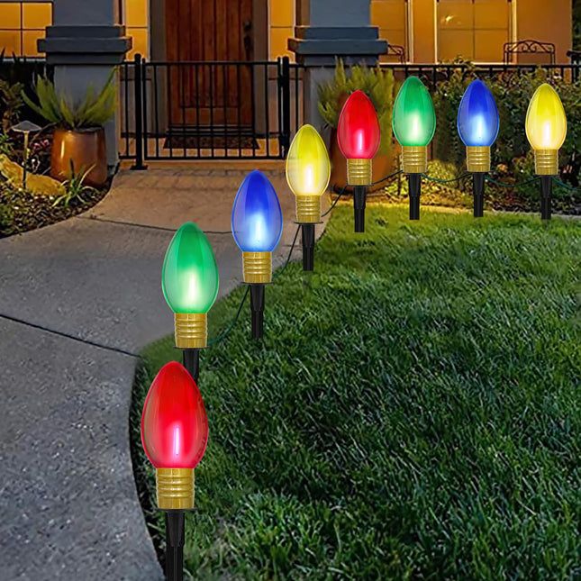 C9 Christmas Multicolor Pathway Lights, 2 Sets 7Ft Outdoor Christmas Pathway Markers Lights with 8 Jumbo C9 LED Multicolor Bulbs, Connectable Christmas Walkway Lights for Driveway Yard Garden Decor