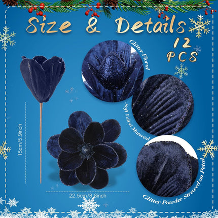12 Pcs Christmas Velvet Poinsettia Burgundy Magnolia Flowers Ornaments Glitter Large Heads Artificial Magnolia Flowers for Christmas Tree Decorations Wedding Decor Supplies (Dark Blue)