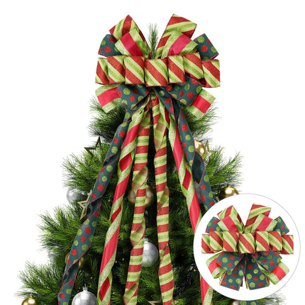 Christmas Tree Topper 45" 13" Red Green Dot Bow Handmade Large Christmas Bow Tree Topper, 44"x13" Wreath Bow for Xmas Holiday Home Wedding Indoor/Outdoor Decoration