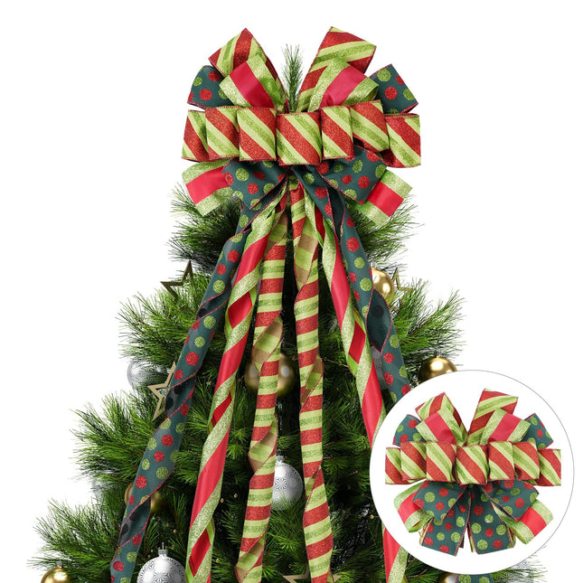 Christmas Tree Topper 45" 13" Red Green Dot Bow Handmade Large Christmas Bow Tree Topper, 44"x13" Wreath Bow for Xmas Holiday Home Wedding Indoor/Outdoor Decoration