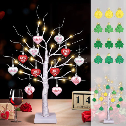 [Timer] Valentines Day Decor 24" Lighted Birch Tree with 24pcs Heart Shamrock Ornaments for Valentine's Day, St. Patrick's Day, USB/Battery Operated Valentines Tree Decorations for Home Table Bedroom