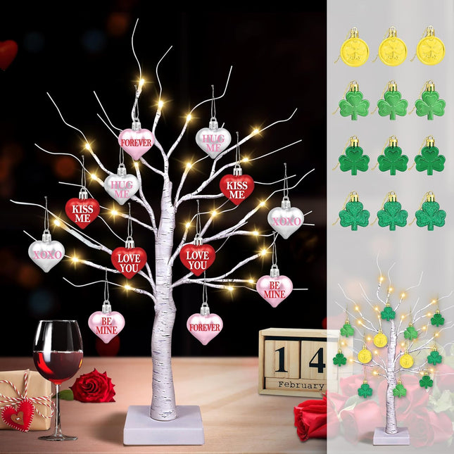 [Timer] Valentines Day Decor 24" Lighted Birch Tree with 24pcs Heart Shamrock Ornaments for Valentine's Day, St. Patrick's Day, USB/Battery Operated Valentines Tree Decorations for Home Table Bedroom
